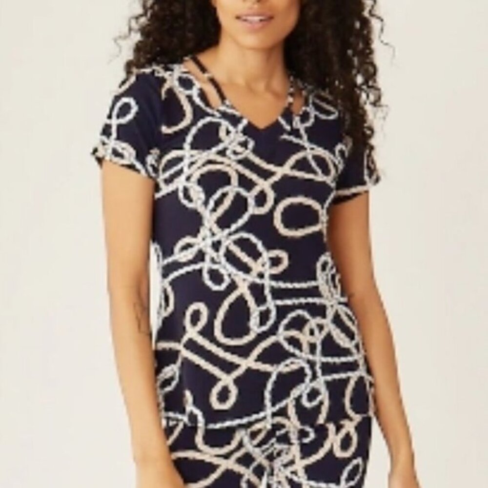 New Marallis Navy Blue Nautical Rope Short Sleeve V-Neck Top Size Large bin 4H